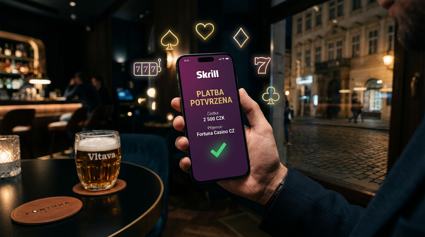 Ilustrace digitální peněženky Skrill a online kasino plateb v roce 2026