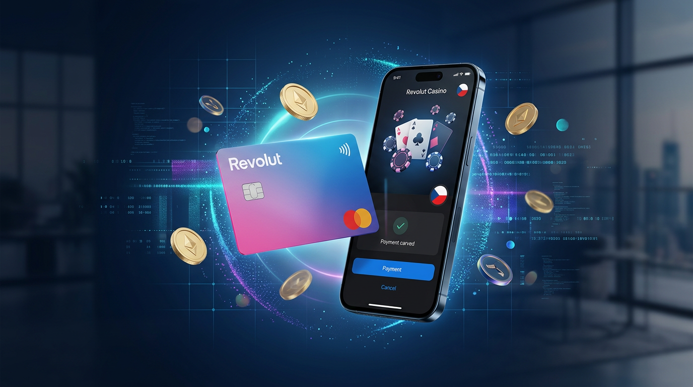 Revolut karta a smartphone s casino aplikací na pozadí digitálních finančních toků