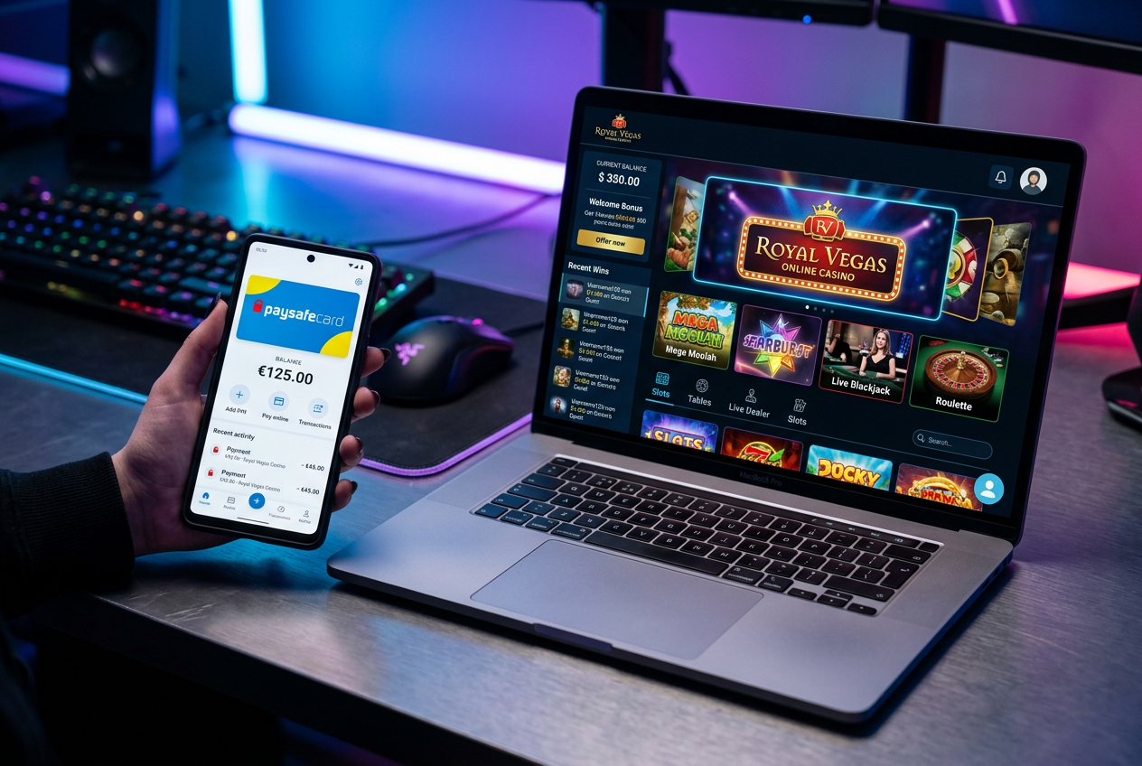 Moderní rozhraní online kasina a mobilní aplikace Paysafecard pro bezpečný vklad
