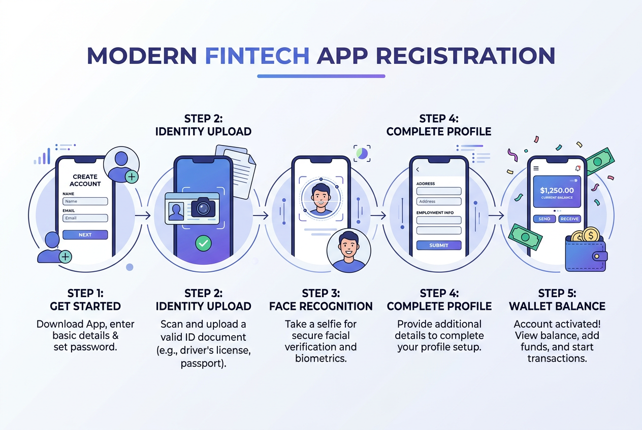 Infografika znázorňující proces registrace a KYC ověření v aplikaci Skrill
